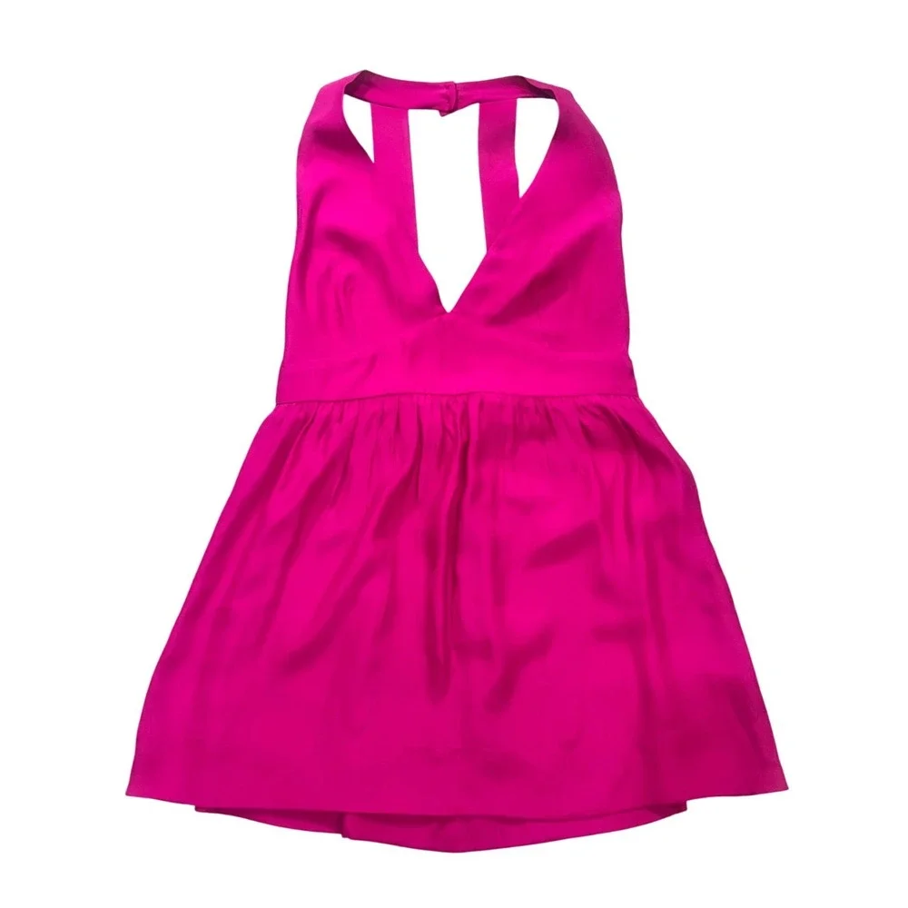 Amanda Uprichard Hot Pink‎ Halter Blouse 100% Silk Deep V-Neck Open Back Medium